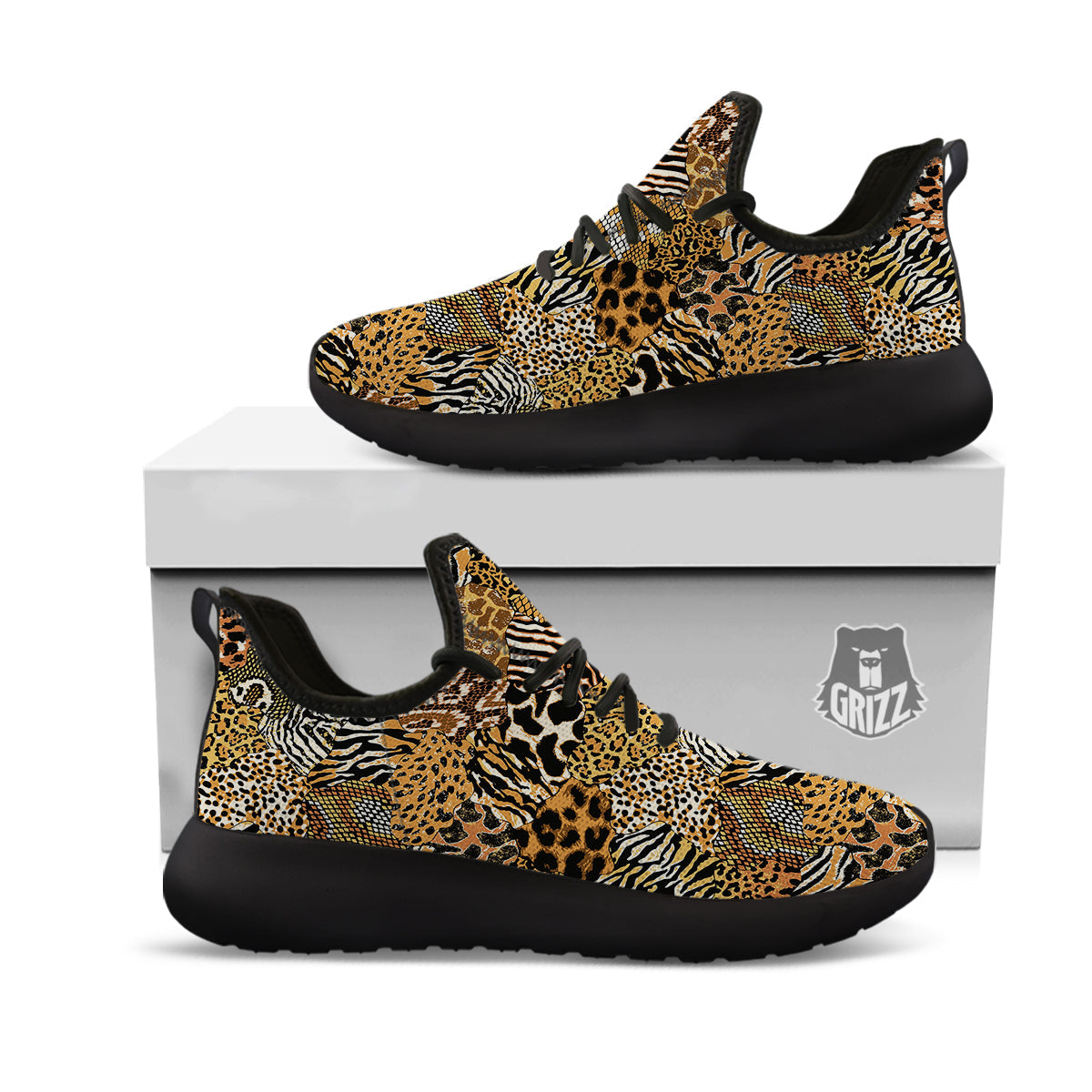 Wild Animal Skins Patchwork Print Pattern Black Athletic Shoes-grizzshop