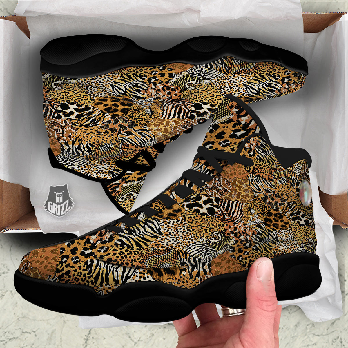 Wild Animal Skins Patchwork Print Pattern Black Basketball Shoes-grizzshop