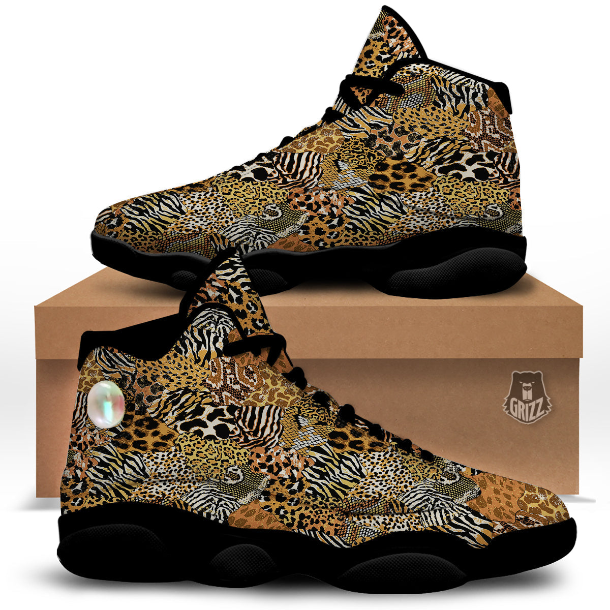 Wild Animal Skins Patchwork Print Pattern Black Basketball Shoes-grizzshop
