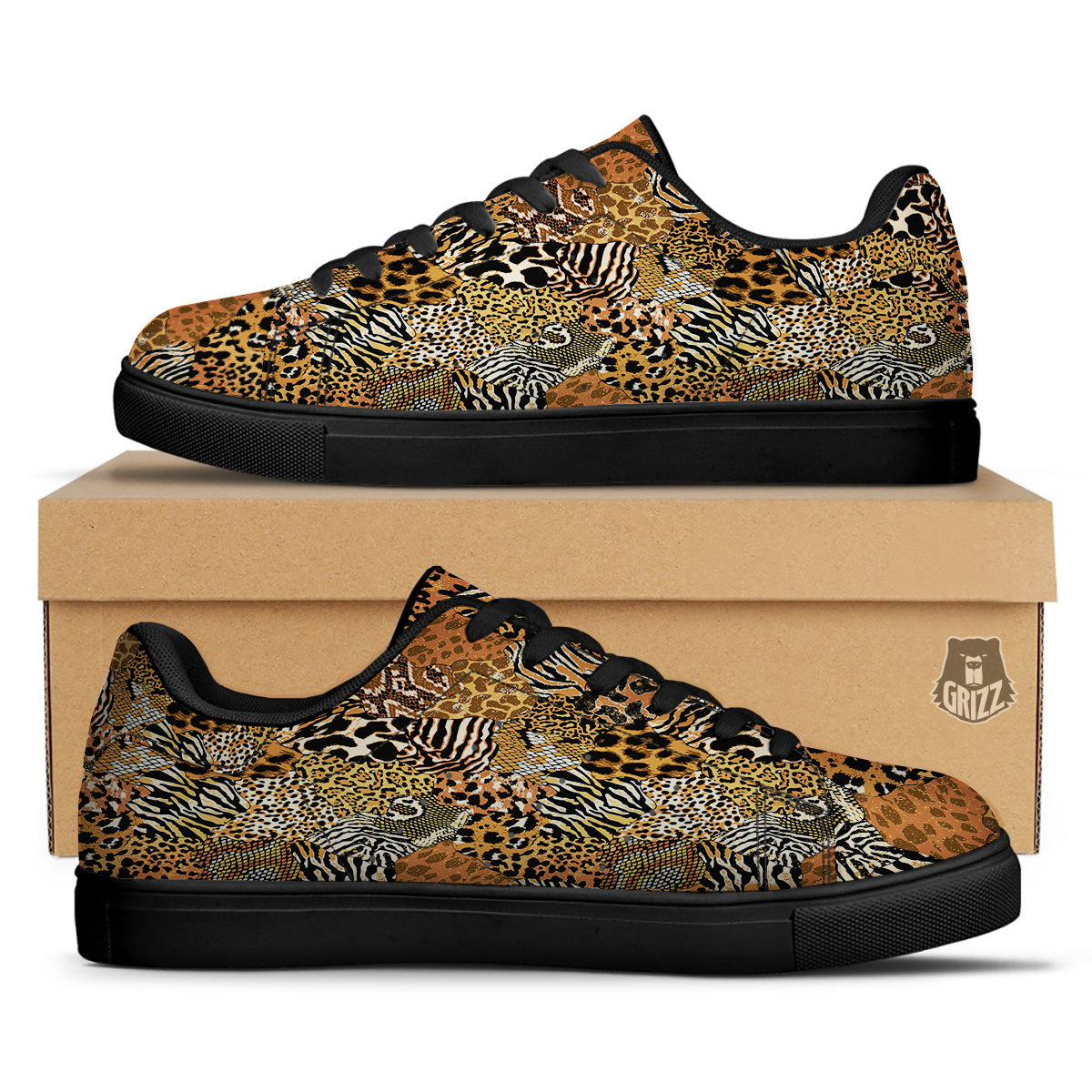 Wild Animal Skins Patchwork Print Pattern Black Low Top Sneakers-grizzshop