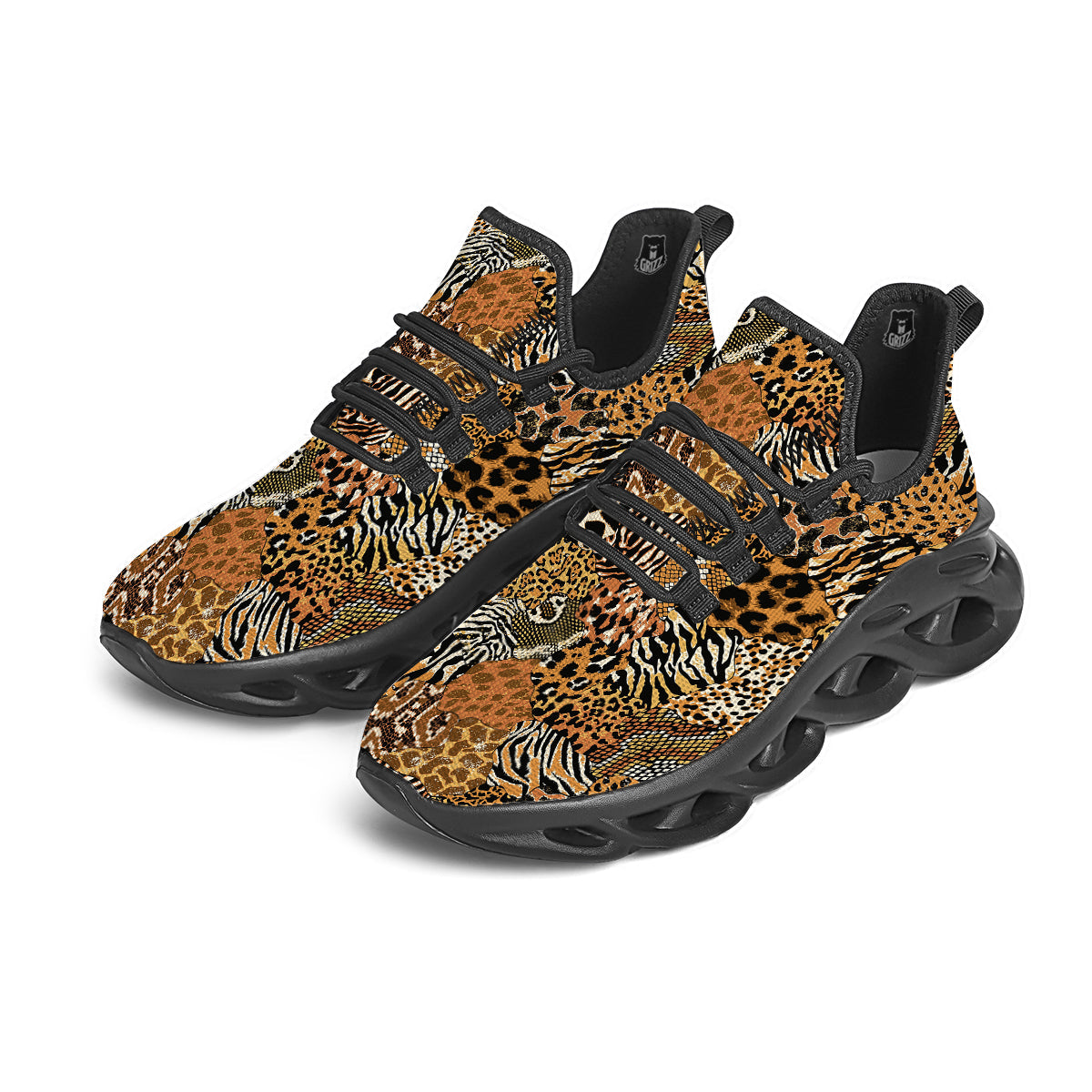 Wild Animal Skins Patchwork Print Pattern Black Running Shoes-grizzshop