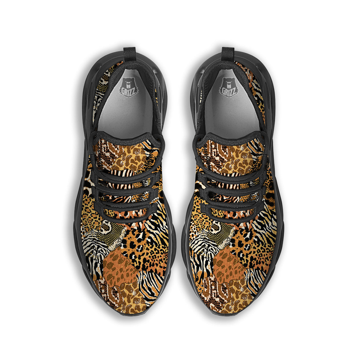 Wild Animal Skins Patchwork Print Pattern Black Running Shoes-grizzshop