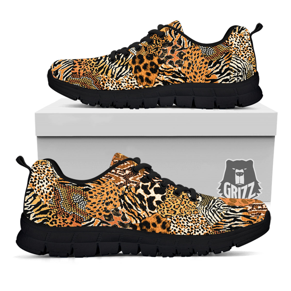 Wild Animal Skins Patchwork Print Pattern Black Sneaker-grizzshop