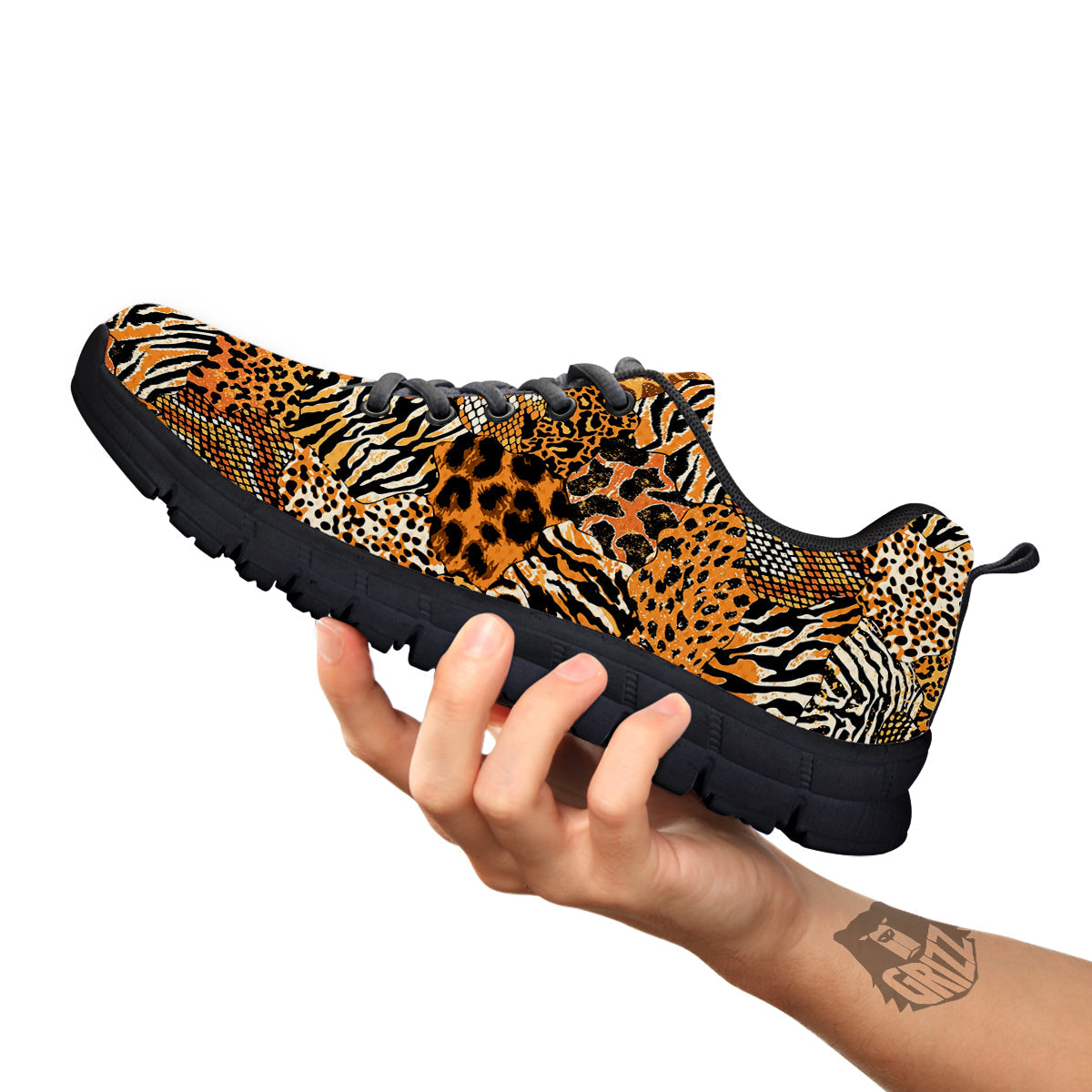 Wild Animal Skins Patchwork Print Pattern Black Sneaker-grizzshop