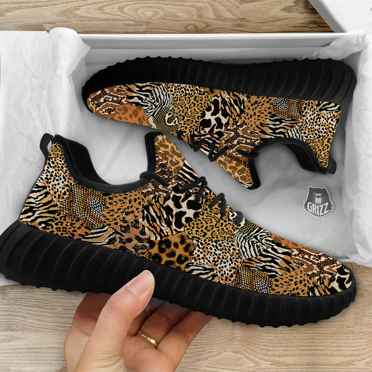 Wild Animal Skins Patchwork Print Pattern Black Walking Shoes-grizzshop