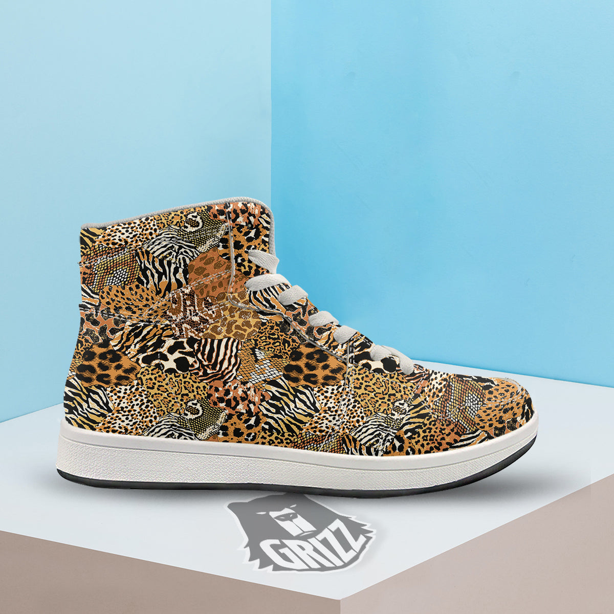 Wild Animal Skins Patchwork Print Pattern High Top Sneakers-grizzshop