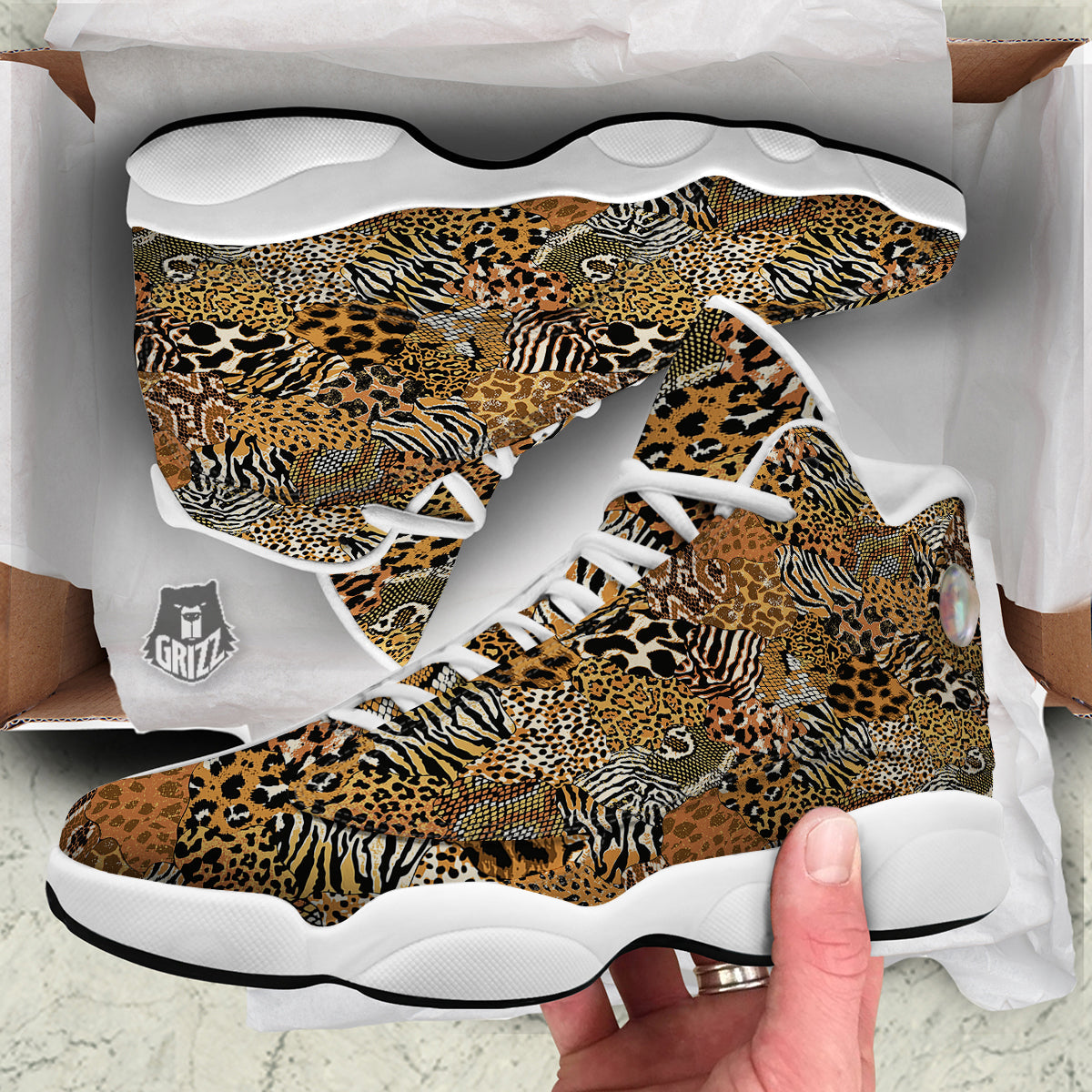 Wild Animal Skins Patchwork Print Pattern White Basketball Shoes-grizzshop
