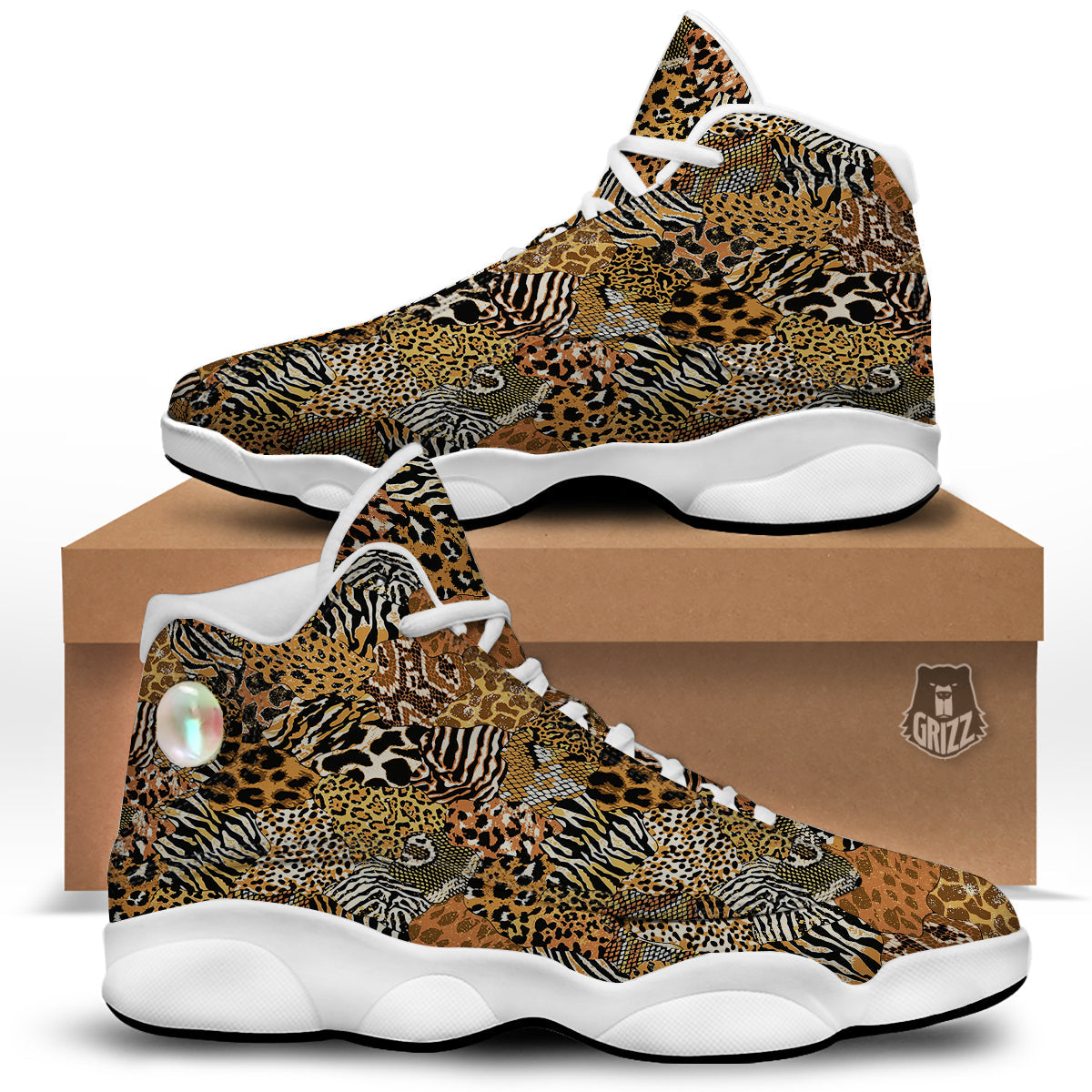 Wild Animal Skins Patchwork Print Pattern White Basketball Shoes-grizzshop