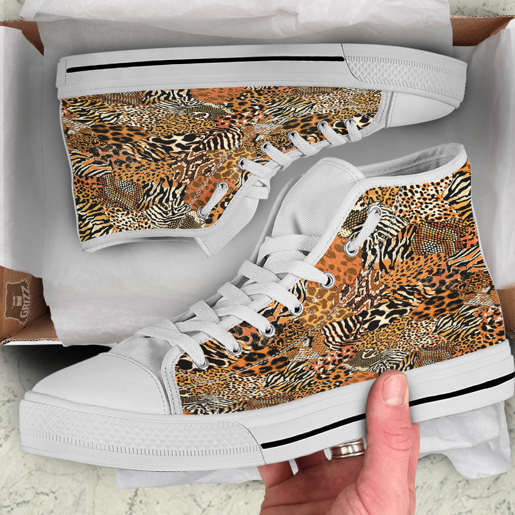Wild Animal Skins Patchwork Print Pattern White High Top Shoes-grizzshop