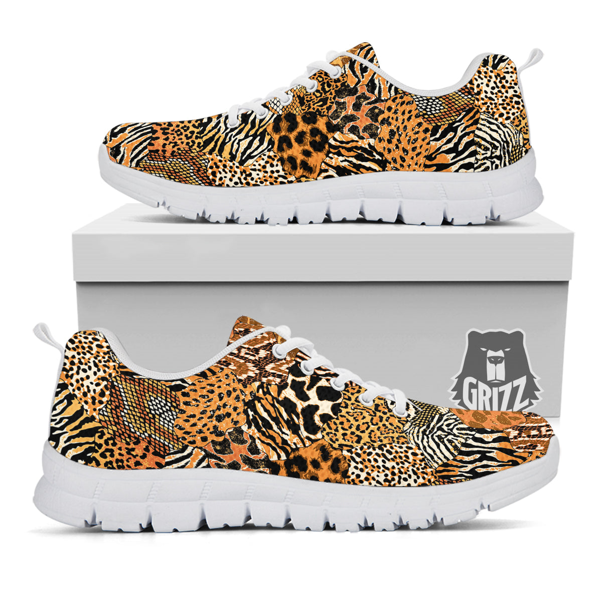 Wild Animal Skins Patchwork Print Pattern White Sneaker-grizzshop