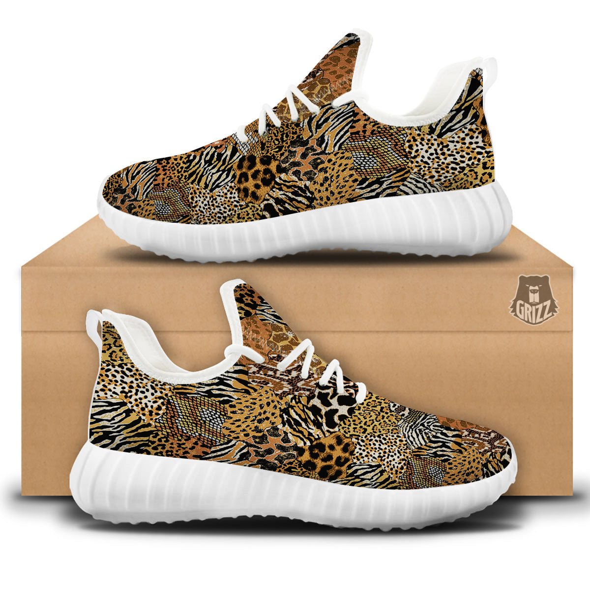 Wild Animal Skins Patchwork Print Pattern White Walking Shoes-grizzshop