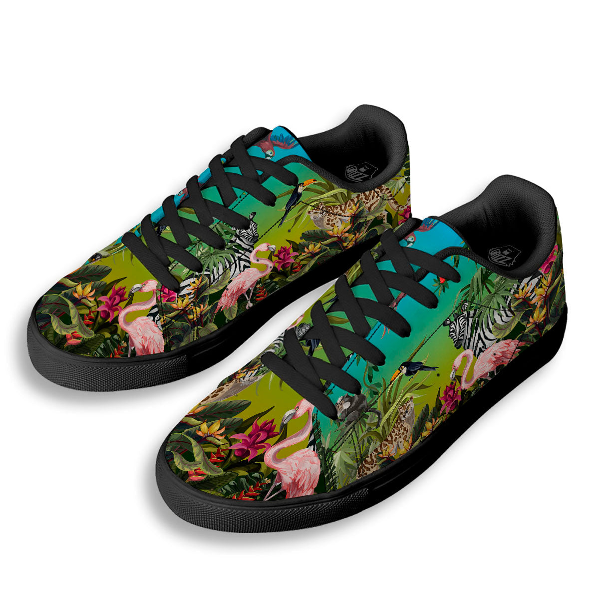 Wild Animals Jungle Print Black Low Top Sneakers-grizzshop