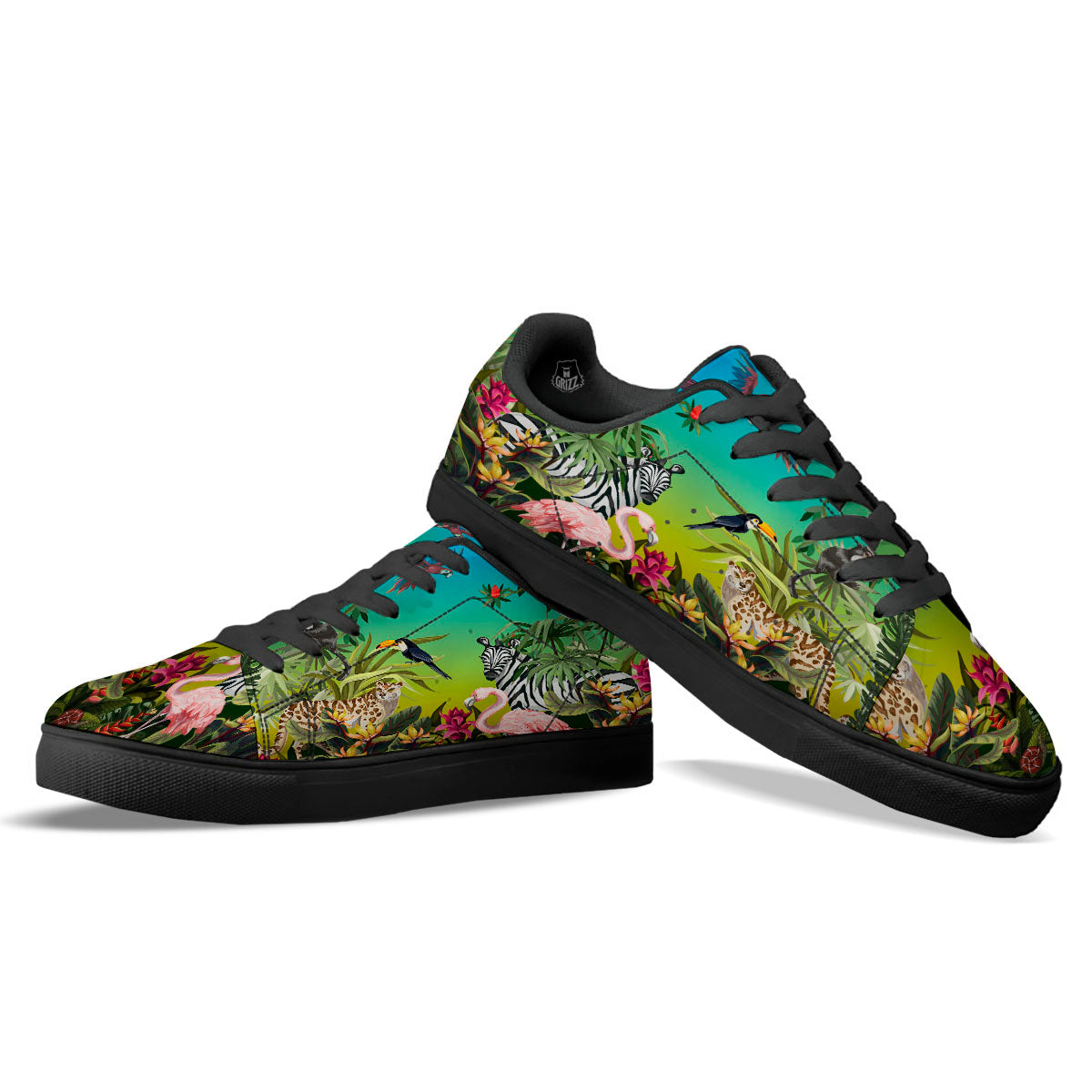 Wild Animals Jungle Print Black Low Top Sneakers-grizzshop