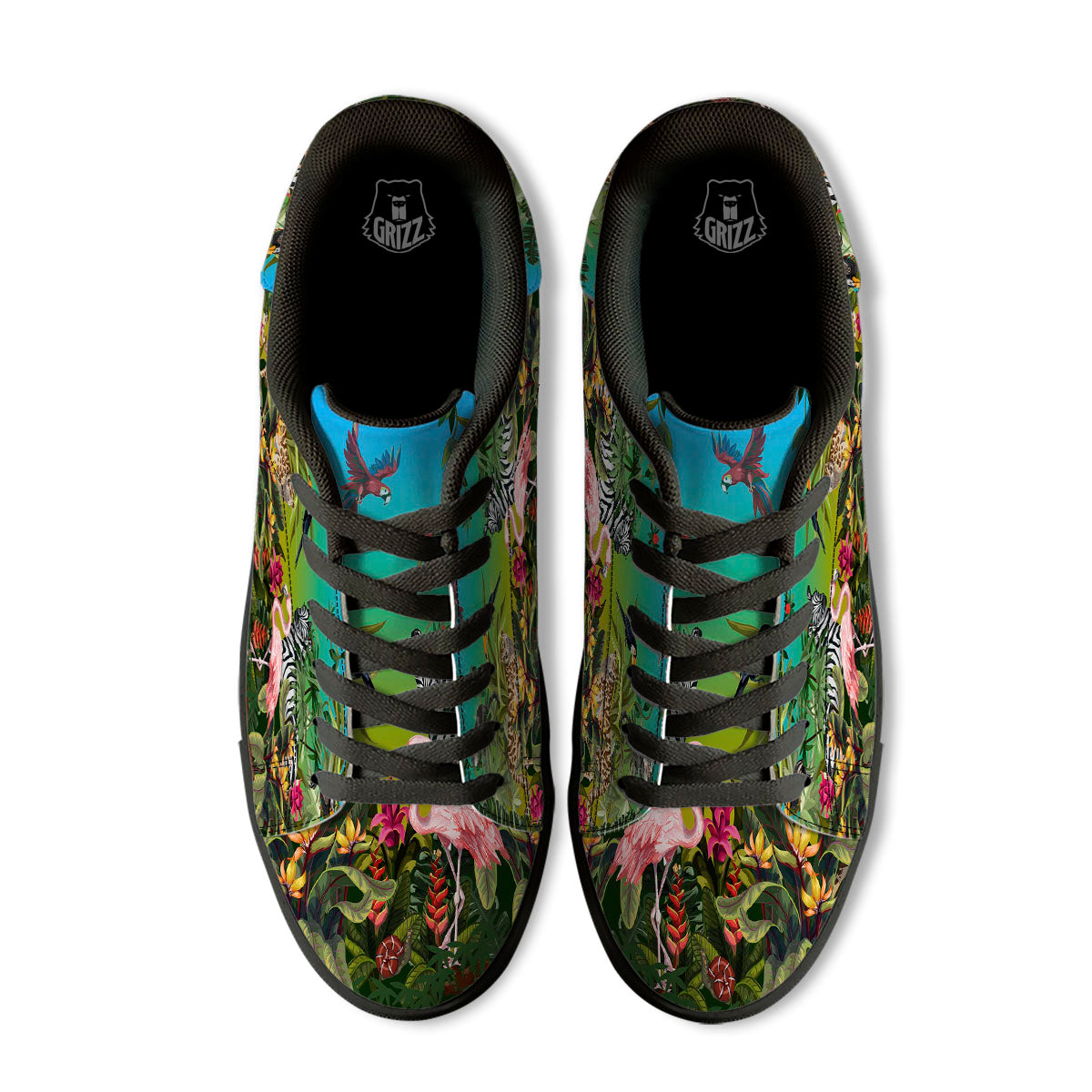 Wild Animals Jungle Print Black Low Top Sneakers-grizzshop