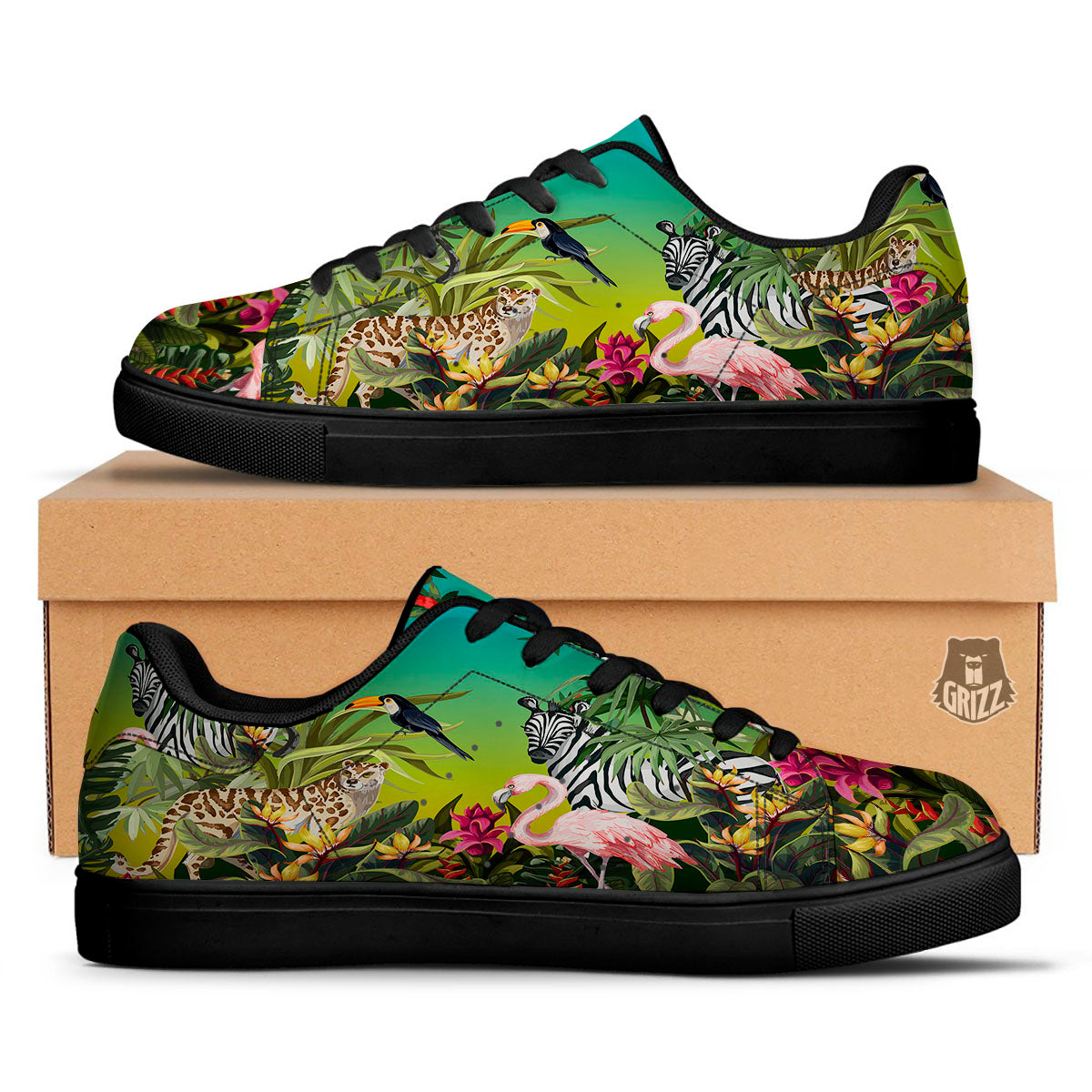 Wild Animals Jungle Print Black Low Top Sneakers-grizzshop