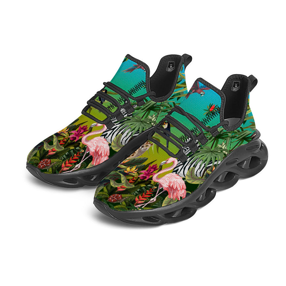 Wild Animals Jungle Print Black Running Shoes-grizzshop
