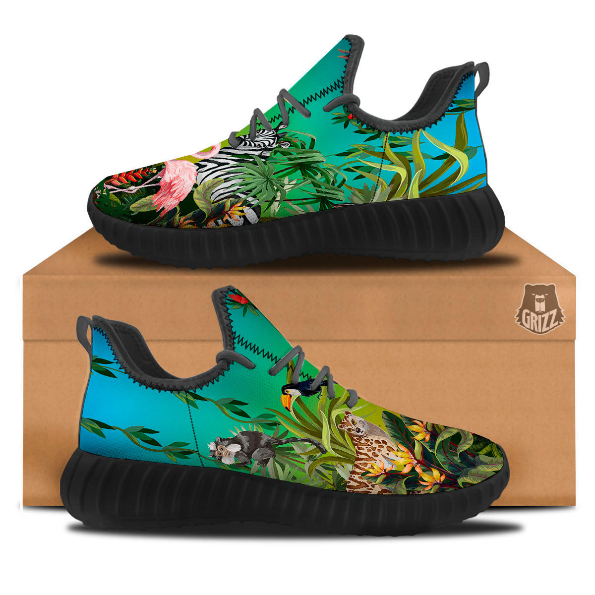 Wild Animals Jungle Print Black Walking Shoes-grizzshop