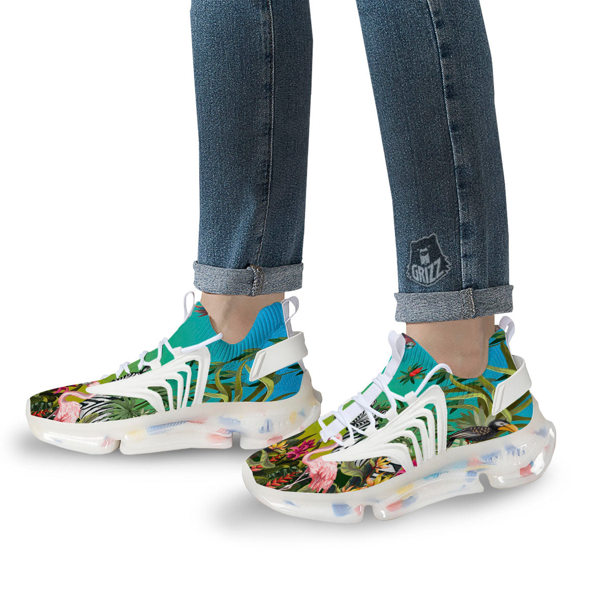 Wild Animals Jungle Print White Gym Shoes-grizzshop