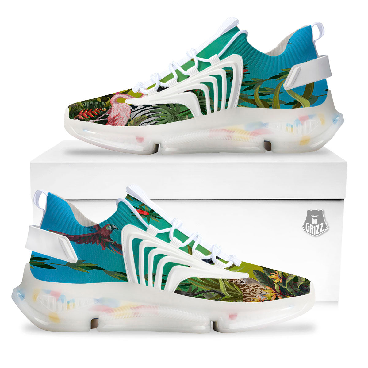 Wild Animals Jungle Print White Gym Shoes-grizzshop
