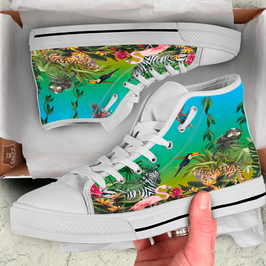 Wild Animals Jungle Print White High Top Shoes-grizzshop