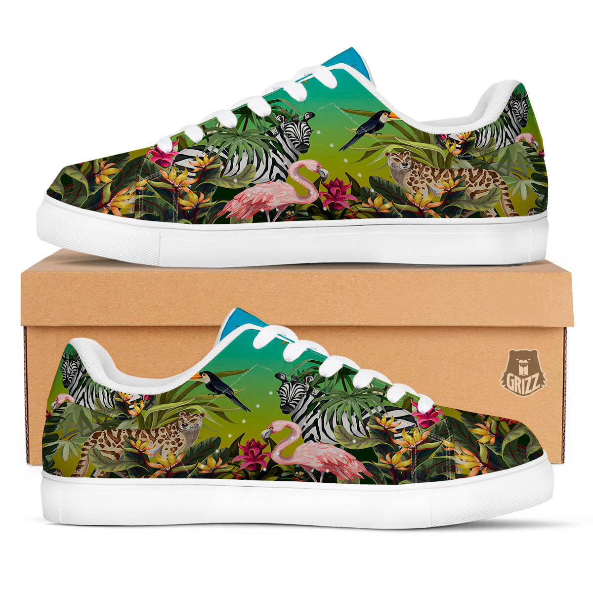 Wild Animals Jungle Print White Low Top Sneakers-grizzshop