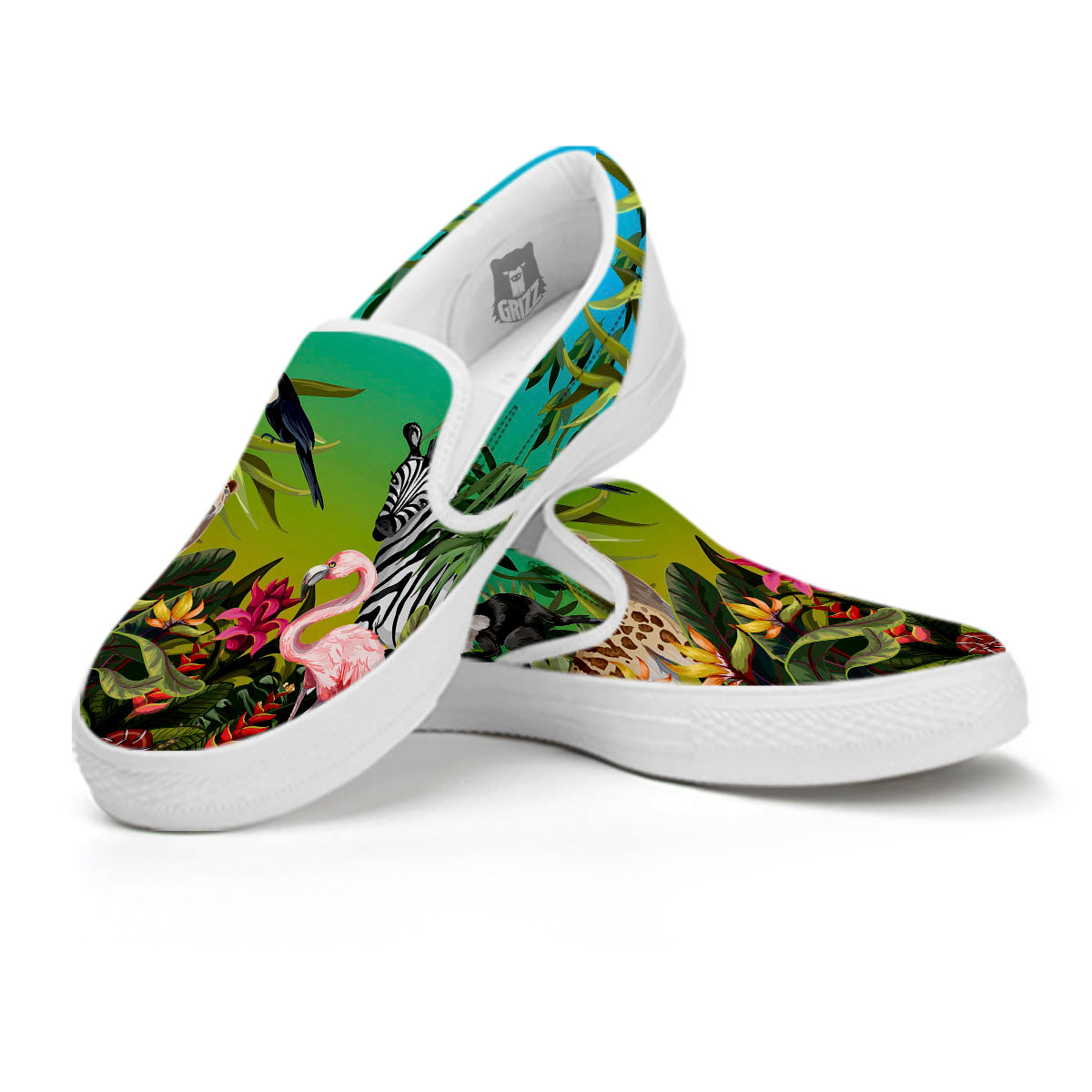 Wild Animals Jungle Print White Slip On Shoes-grizzshop