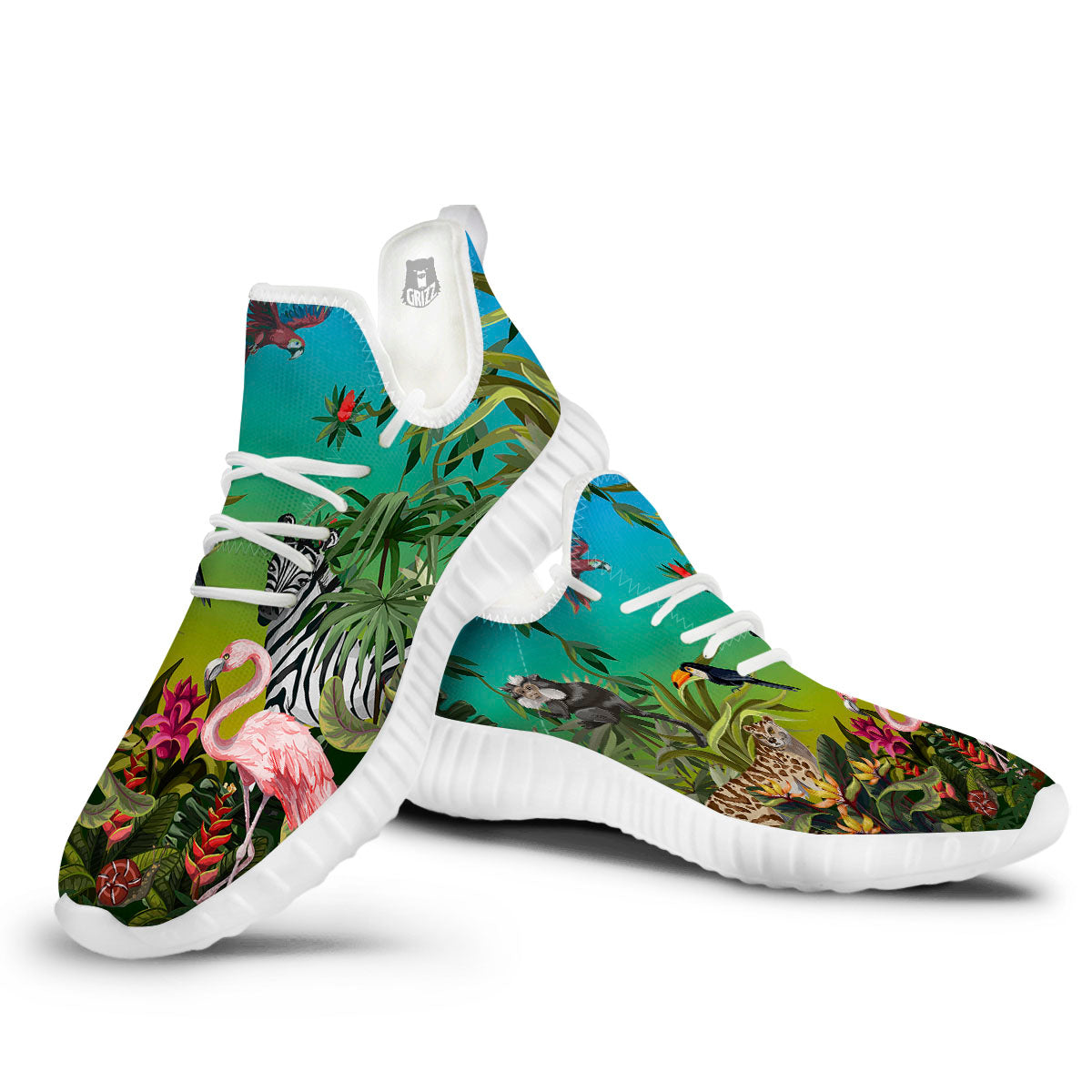 Wild Animals Jungle Print White Walking Shoes-grizzshop