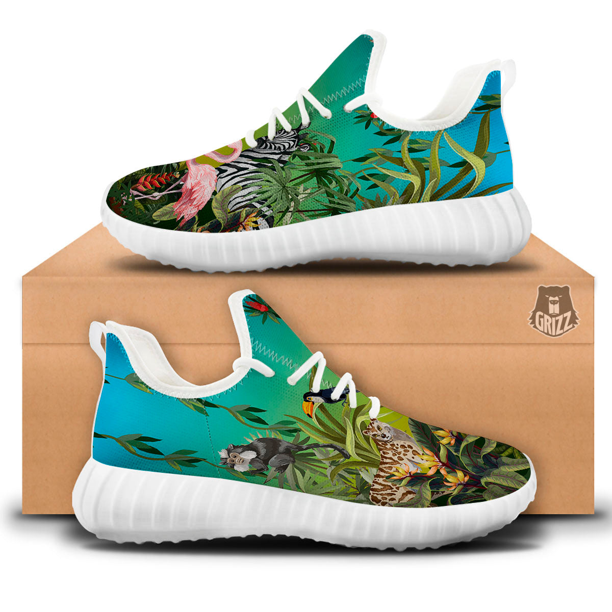 Wild Animals Jungle Print White Walking Shoes-grizzshop