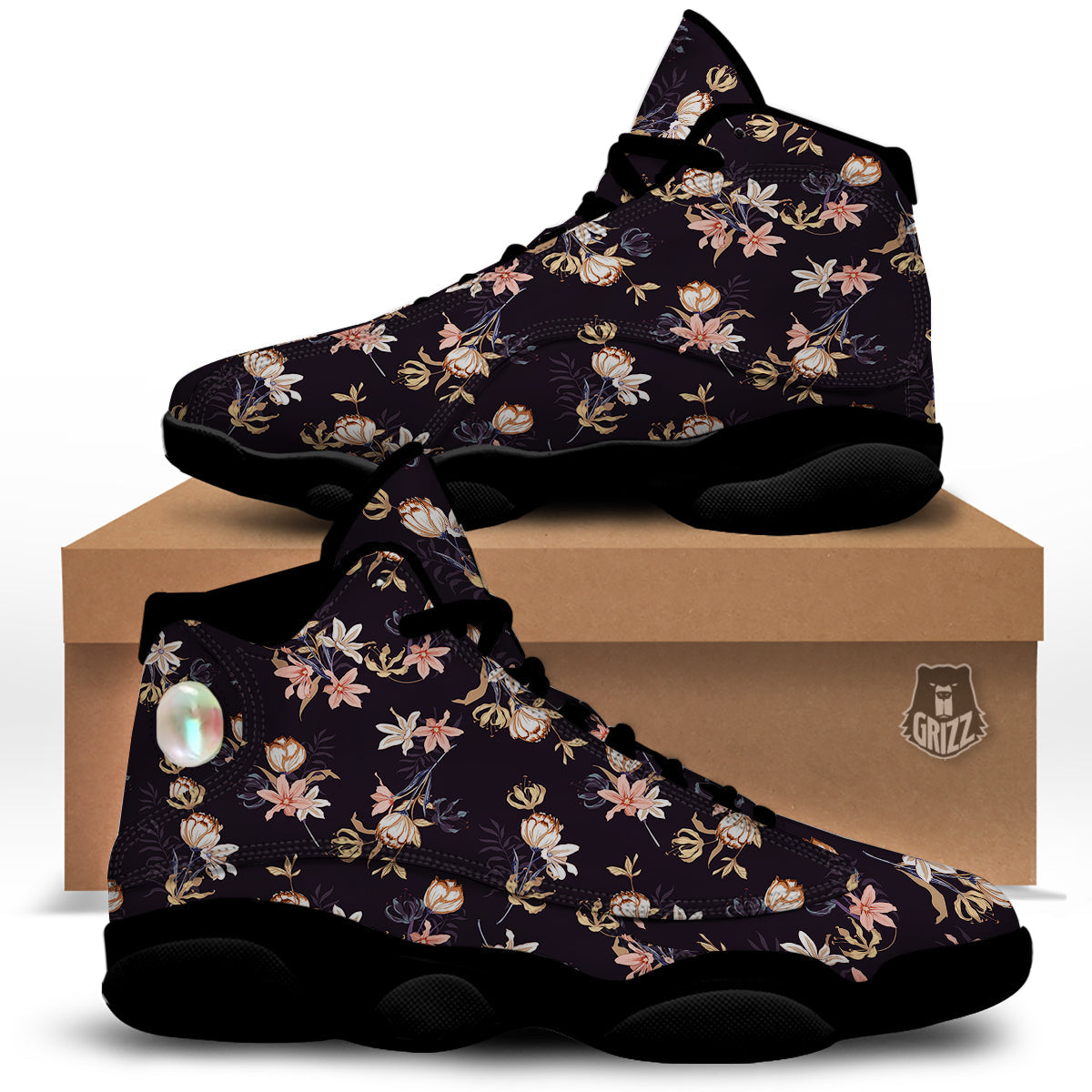 Wild Flower Print Pattern Black Basketball Shoes-grizzshop