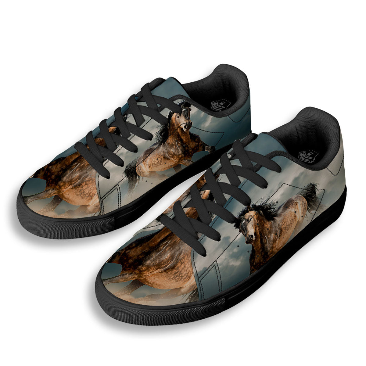 Wild Horses Running Print Black Low Top Sneakers-grizzshop