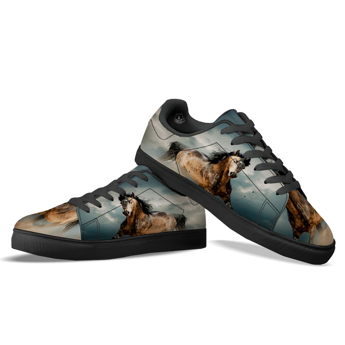 Wild Horses Running Print Black Low Top Sneakers-grizzshop