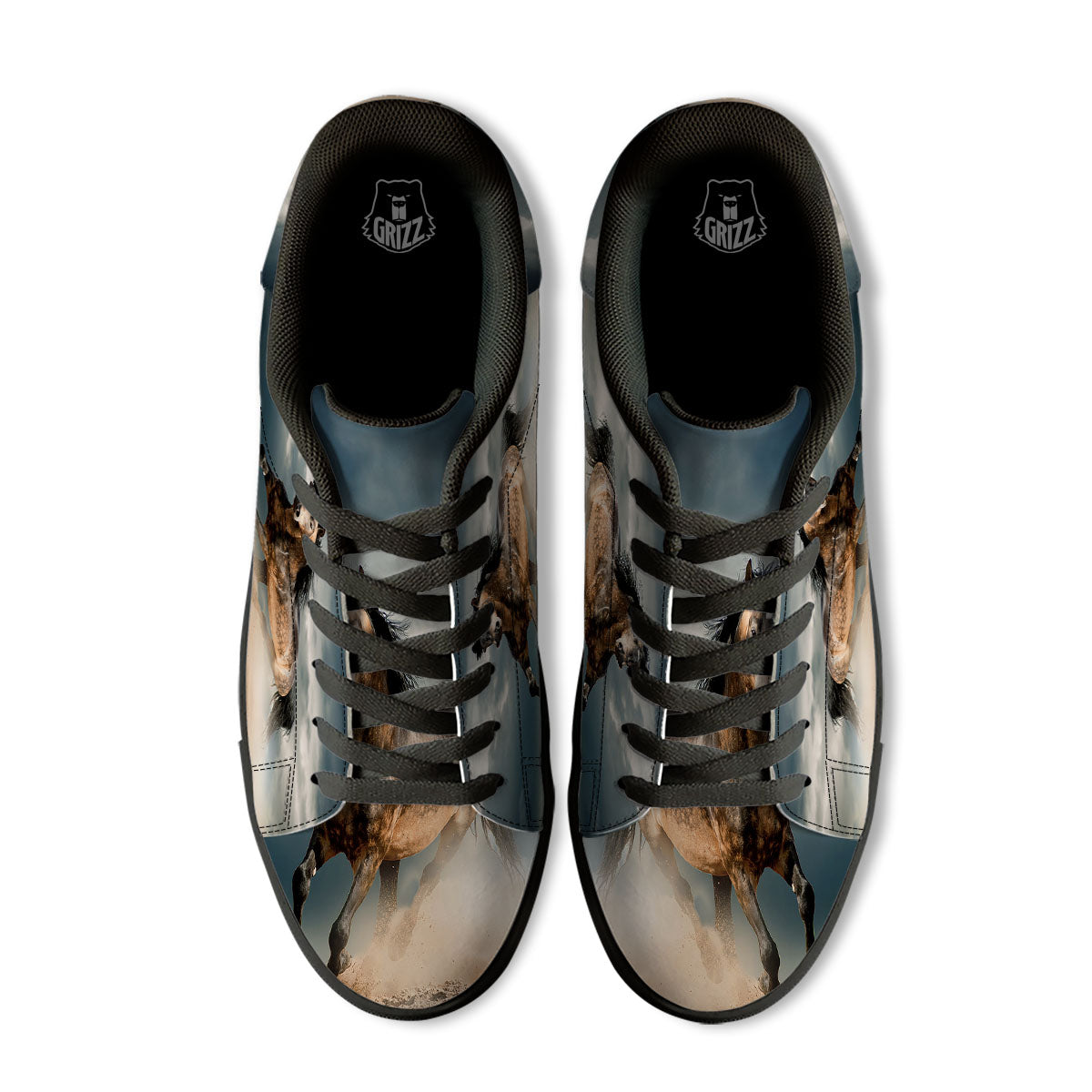 Wild Horses Running Print Black Low Top Sneakers-grizzshop