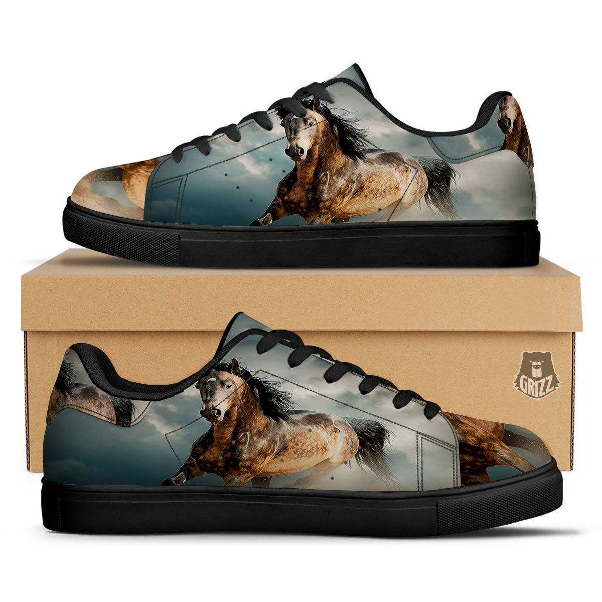 Wild Horses Running Print Black Low Top Sneakers-grizzshop