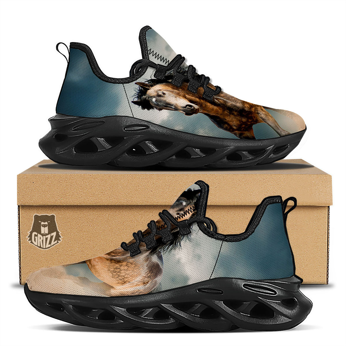Wild Horses Running Print Black Running Shoes-grizzshop