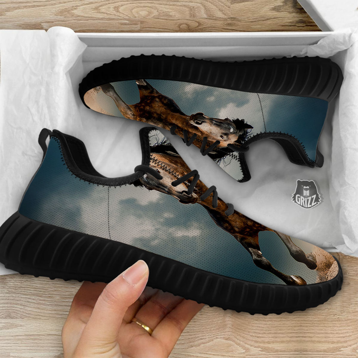 Wild Horses Running Print Black Walking Shoes-grizzshop