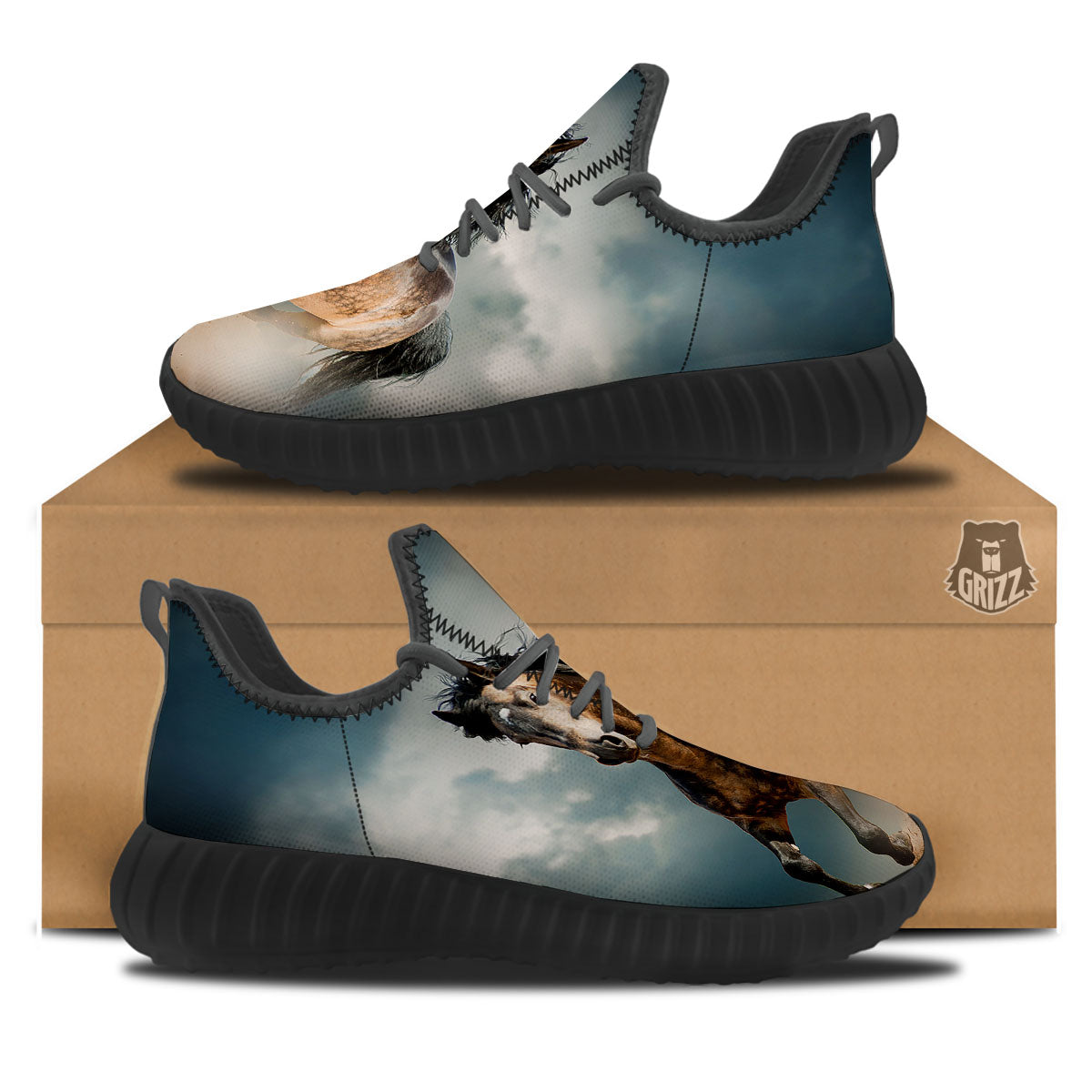 Wild Horses Running Print Black Walking Shoes-grizzshop