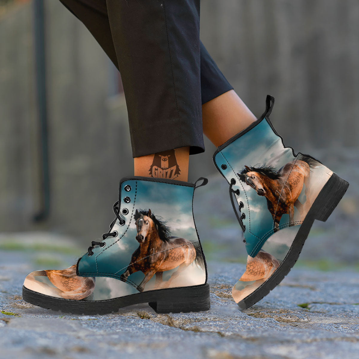 Wild Horses Running Print Leather Boots-grizzshop
