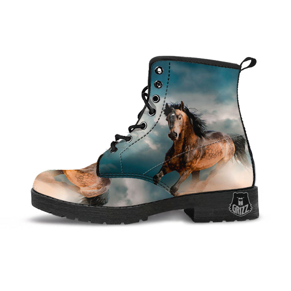 Wild Horses Running Print Leather Boots-grizzshop