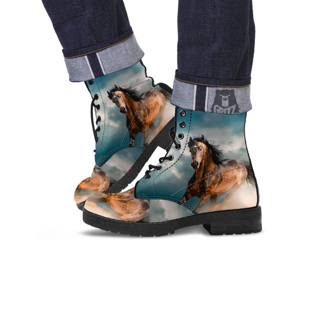 Wild Horses Running Print Leather Boots-grizzshop