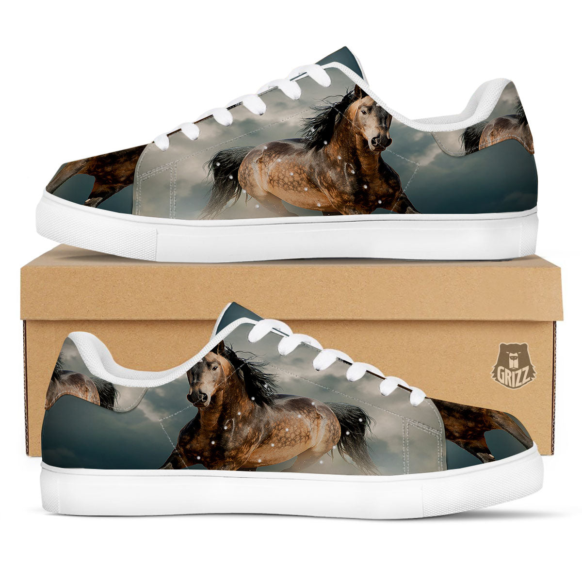 Wild Horses Running Print White Low Top Sneakers-grizzshop