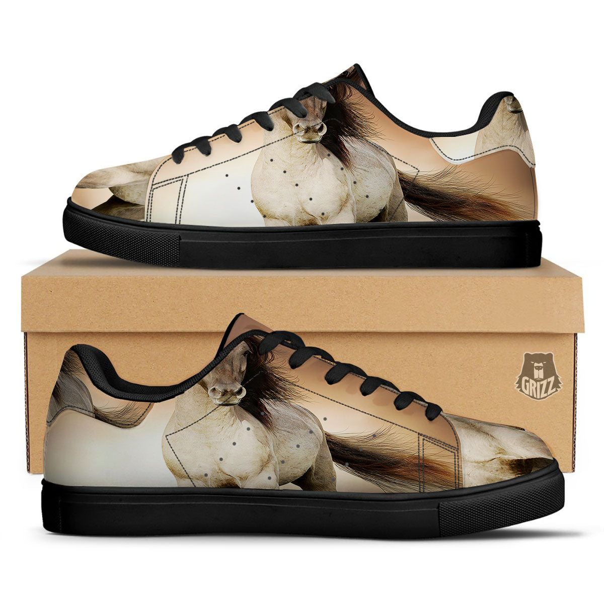 Wild Stallion Horse Running Print Black Low Top Sneakers-grizzshop