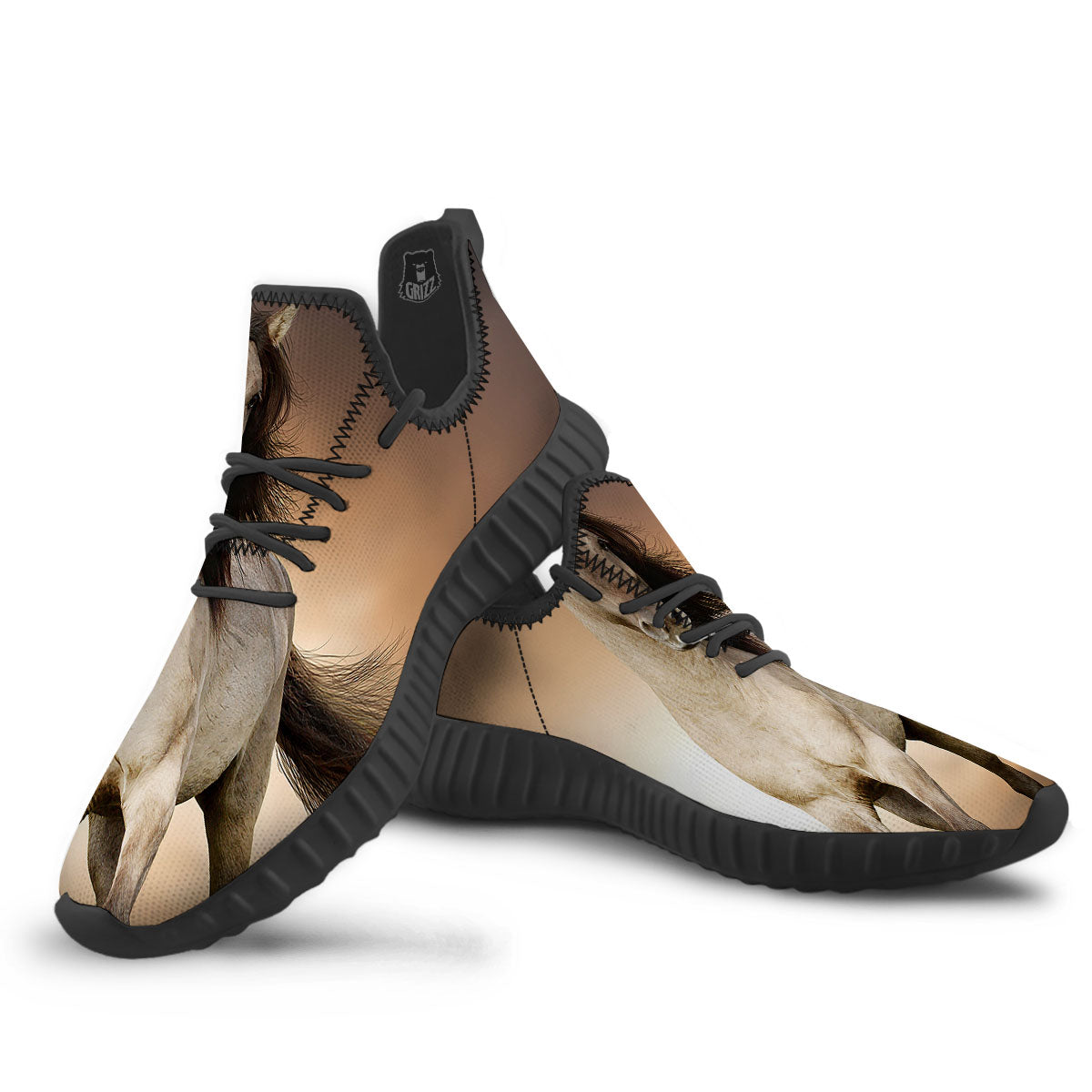 Wild Stallion Horse Running Print Black Walking Shoes-grizzshop