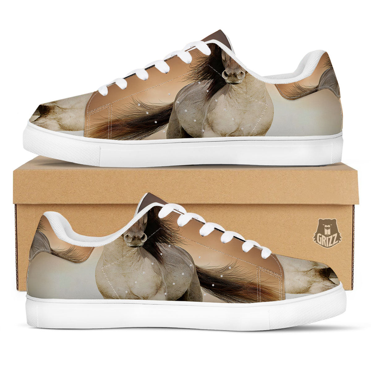 Wild Stallion Horse Running Print White Low Top Sneakers-grizzshop