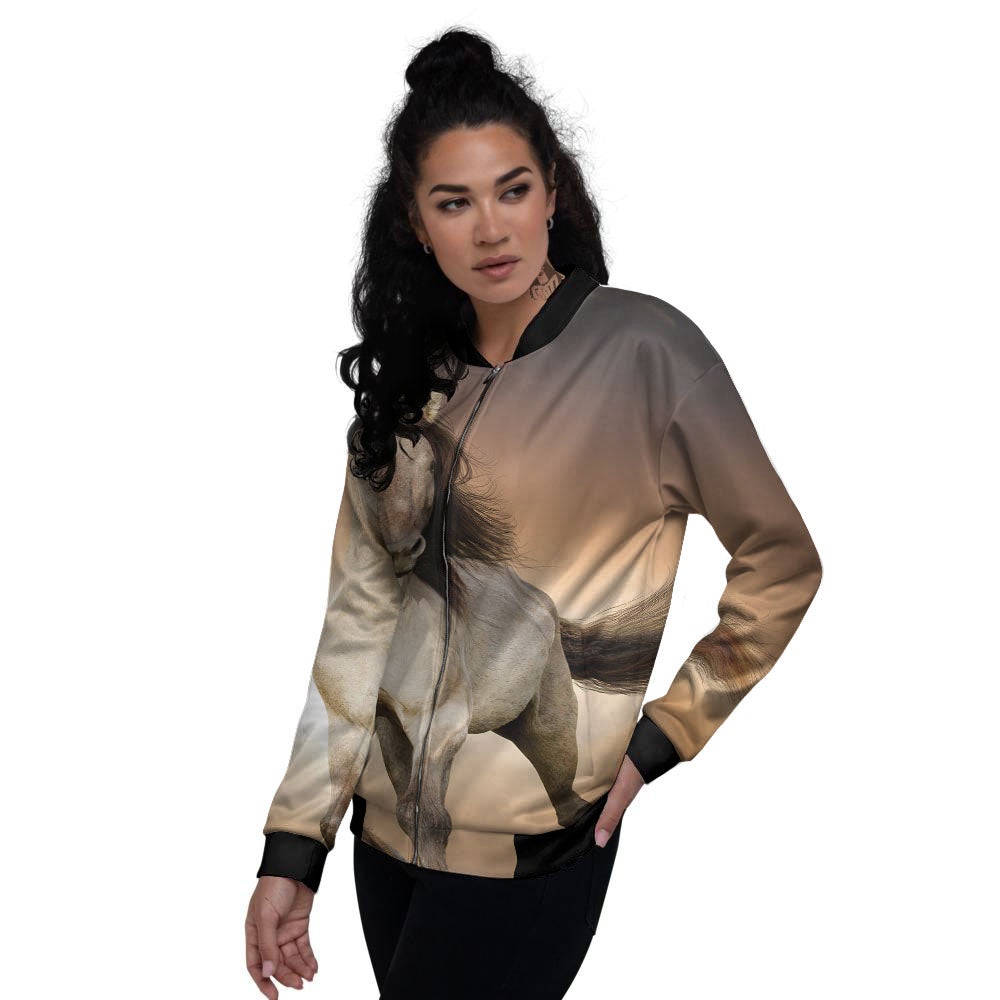 Wild Stallion Horse Running Print Women's Bomber Jacket-grizzshop