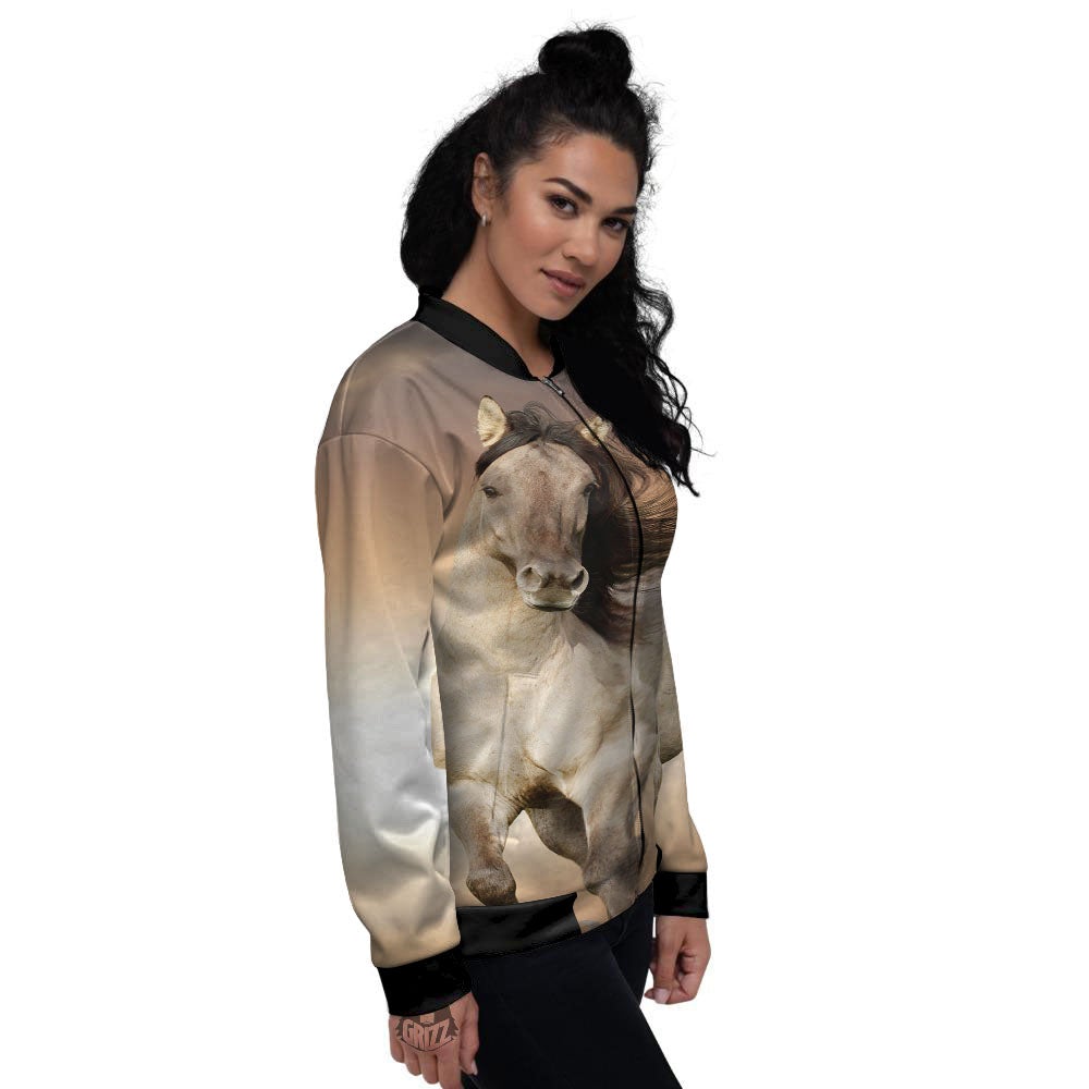 Wild Stallion Horse Running Print Women's Bomber Jacket-grizzshop