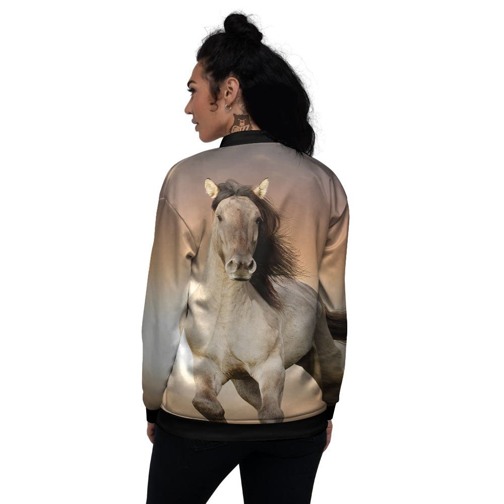 Wild Stallion Horse Running Print Women's Bomber Jacket-grizzshop