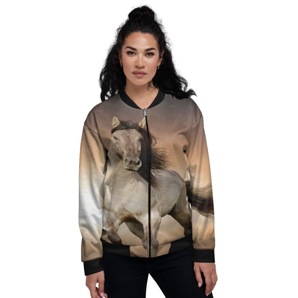 Wild Stallion Horse Running Print Women's Bomber Jacket-grizzshop