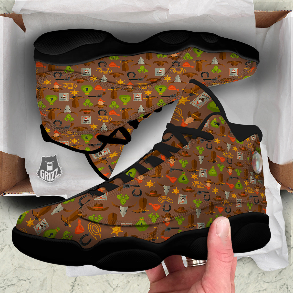Wild West And Emoji Cowboy Style Print Pattern Black Basketball Shoes-grizzshop