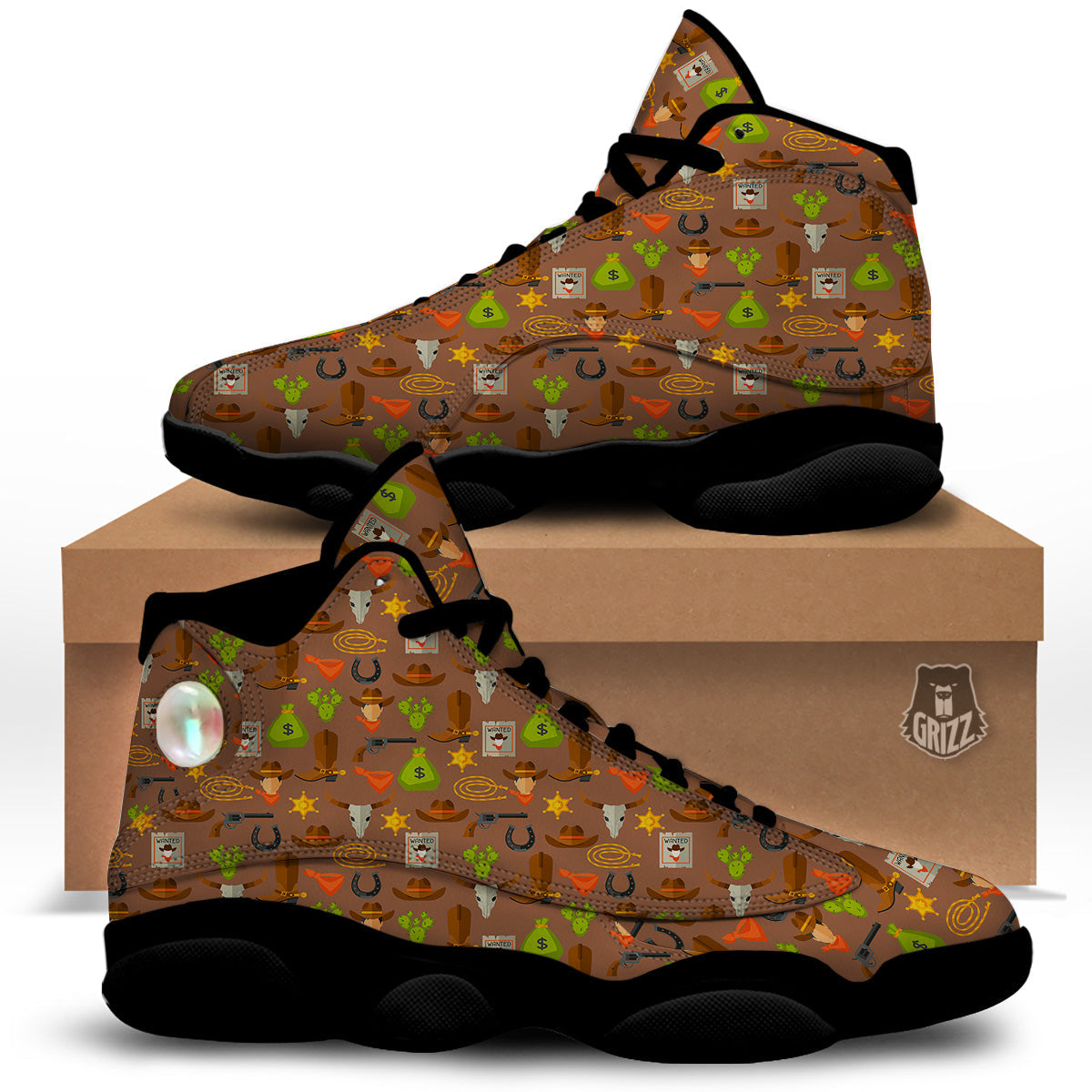 Wild West And Emoji Cowboy Style Print Pattern Black Basketball Shoes-grizzshop
