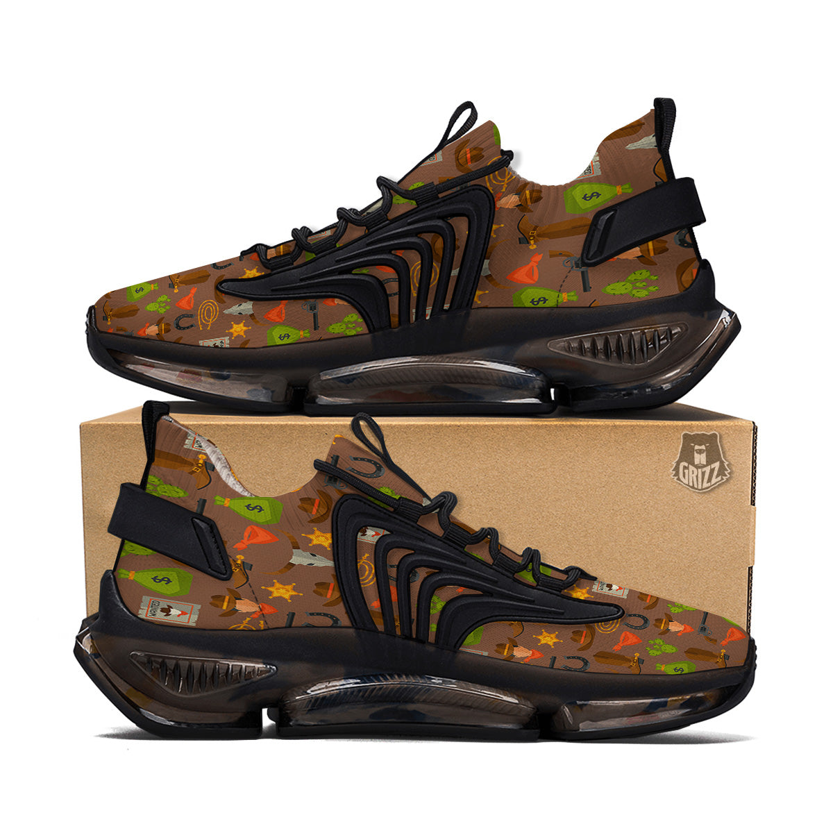 Wild West And Emoji Cowboy Style Print Pattern Black Gym Shoes-grizzshop